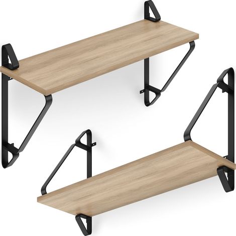 Lot de 2 étagères murales Style industriel 15kg max. Bois clair (1/5)