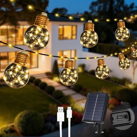 Guirlande Solaire Extérieur avec 20 G50 Ampoules, 7.6M Guirlande Lumineuse Solaire, 8 Modes, Etanche, Décoration pour Jardin, Terrasse, Balcon (Blanc Chaud) (1/5)