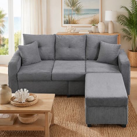 L Form Sofa mit Hocker 98x51 cm, LED Beleuchtung, 15 cm Sitzpolster, Cordstoff, Antique Gray (1/5)