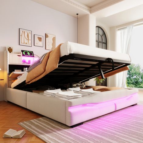 Polsterbett,mit UsB c steckdose Ladefunktion, Ambiente-Beleuchtungsstreifen unter dem Bett , Kopfteil mit Staufach, Hydraulisch Stauraumbett, ohne Matratze,Mit LED-Leuch