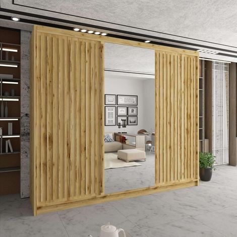 Sliding Wardrobes 4U Modern Sliding Mirror Wardrobe in Multiple Sizes & Colours - Oak 250cm with Oak Strip