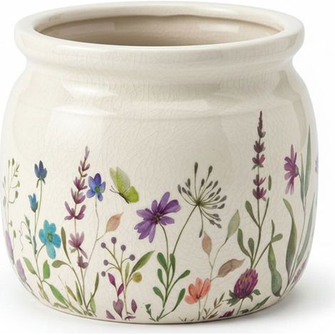 Pot de Fleurs céramique beige fleurs 16x13cm (1/2)