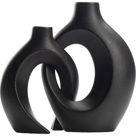 Juego de dos jarrones huecos de cerámica, de estilo bohemio nórdico moderno, ideales para la decoración de interiores (color negro). (1/5)