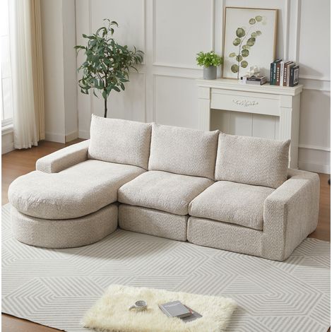 Sofá chaise longue modular de chenilla beige, 3 plazas, reversible, 250 x 160 x 80 cm, OKWISH (1/5)