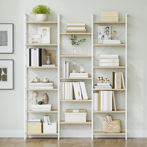 Bibliothèque chêne blanc 17 étagères – Hauteur 186 cm – Panneau de particules – Espacement réglable – Capacité 340 kg