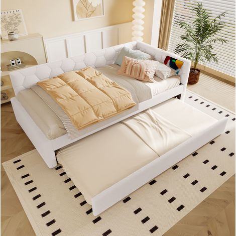 Lit simple 90x200 avec lit gigogne, bouclé blanc HAVRYA (1/5)