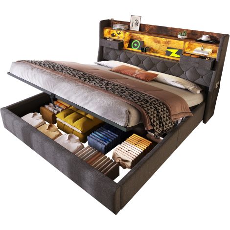 Polsterbett Schwebebett mit LED-Beleuchtung, Kopfteil und Ladestation(1 Type-C, 3 USB-Anschlüsse), Modern Einzelbett mit Stauraum-Kopfteil und lattenrost, Leinen(Ohne Matratze)