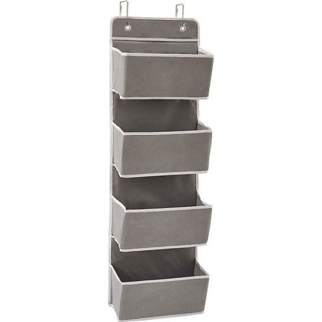 Organisateur de porte 4 poches, rangement suspendu multifonctionnel pour serviettes et jouets, gris, sans perçage, idéal salle de bain et chambre.