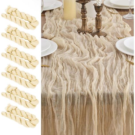 6er Set Tischläufer 90x300cm Beige Gaze Stoff für Boho & Rustikale Deko