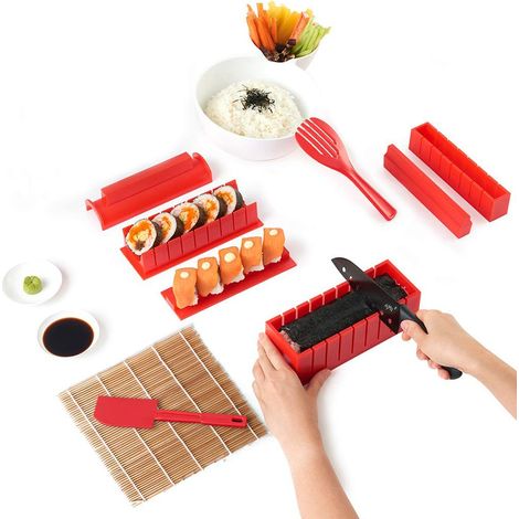Sushi Maker Kit Sushi Maker Red Complete with Sushi Knife and Exclusive des Didacticiels Vidéo 10 Piece de BRICOLAGE Sushi Set Easy and Fun for Begers - Sushi Roll Maker - Maki Roll Sushi Roller (1/4)
