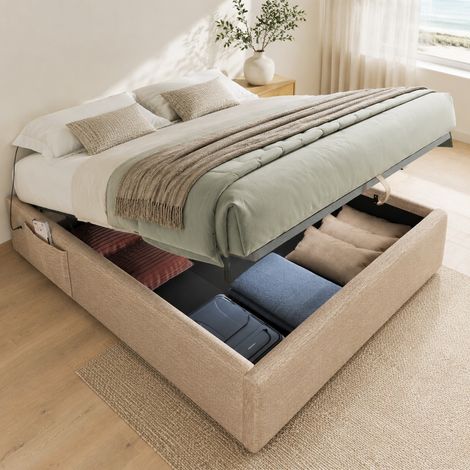 Lit coffre moderne 160x200 cm en lin beige et naturel, avec USB-C, rangement relevable et base pleine en bois massif (1/5)