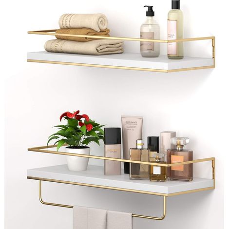 Étagère murale en 2 parties avec porte-serviettes doré, étagère de rangement décorative pour salle de bain, cuisine, salon et chambre (doré, 40 cm) (1/5)