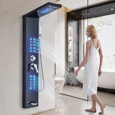 LED-Duschpaneel, freistehende Wasserfall-Duschsäule mit Handbrause, wandmontierte Regendusche (Schwarz)