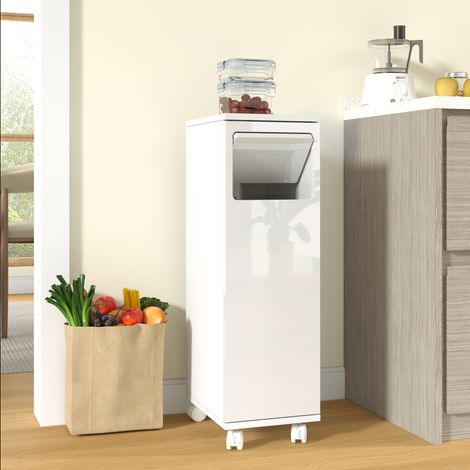 Meuble poubelle 24,2x35,1x80,2 cm avec roulettes, porte magnétique à ouverture 180°, support sac intégré en MDF finition noyer brillant - Blanc (1/5)