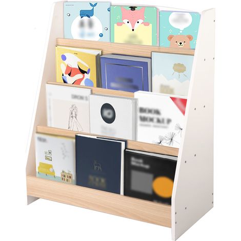 Hofuton Bibliothèque Étagère à Livres Enfants avec 4 Niveaux de Compartiments Ouvert, Meuble de Rangement pour Enfants avec Présentoir Frontal, 61x30x71cm, Blanc+Couleur Bois (1/5)