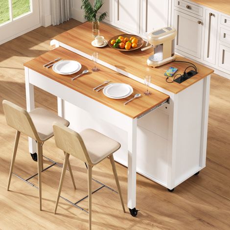 MODFU – Isola cucina mobile 120x40-75x92 cm in MDF con piano estensibile, prese USB-C, vani contenitore, 7 ruote e portata 60 kg – Bianco (1/5)