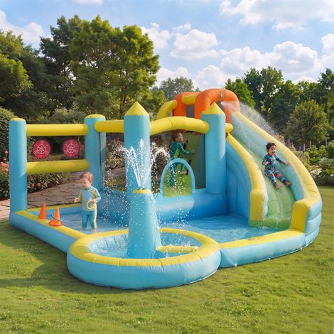 Château aquatique gonflable pour enfants avec toboggan, piscine et zone d’éclaboussures, jeu d’eau extérieur de jardin, ventilateur inclus, dimensions gonflées : 430 x 390 x 210 cm