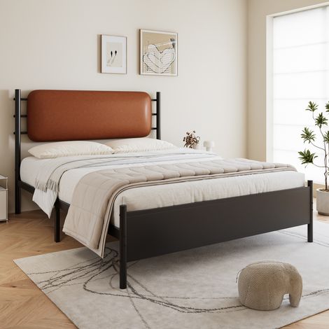 Metal bed, 4ft6 double bed 135×190cm, With a PU-upholstered headboard, Durable and Sturdy, Youth bed, for adults & teenagers, Wrought iron bed, Black Iron+PU