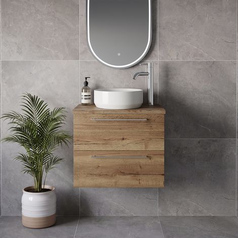 Napoli 390 Tobacco Oak 600mm Wall Mounted 2 Drawer Vanity Unit for Countertop Basins - 600mm - Chrome 320mm Handle
