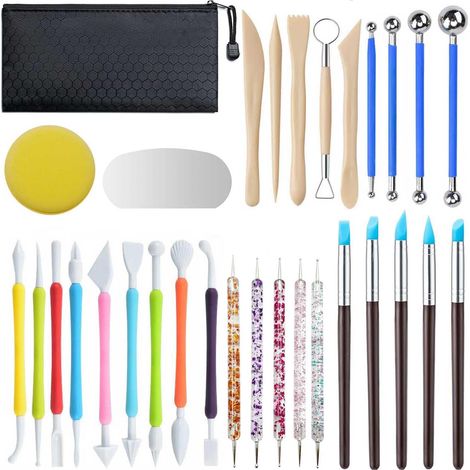 Outils en argile 31pcs, Kit d'outils en poterie, Outils en argile sèche à l'air, Outils de ponçonnage en argile polymère, Fournitures en céramique pour enfants et adultes, Sculpture