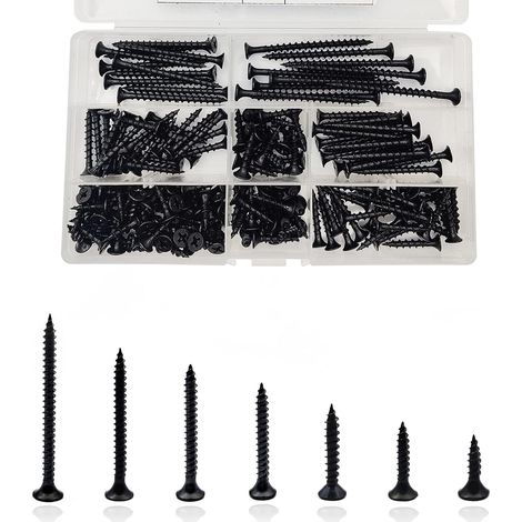 M4 Vis Autotaraudeuses Noires, 185 Pièces Assortiment Vis à Bois, Vis à Tête Plate Croisée pour Meubles, Placo plâtre - 16mm/20mm/25mm 30mm/40mm/50mm/60mm (1/5)