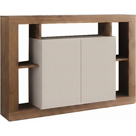 Buffet 2 portes avec encadrement 5 niches beige et aspect bois finition Mercure - LIMANI (1/5)