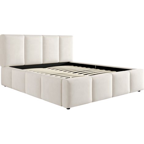 Cama doble tapizada 180 x 200 cm en chenilla beige con somier y cabecero (1/5)