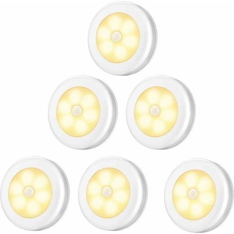 Lampe de Placard/Armoire LED,6pcs Lampes Armoire Veilleuse,Eclairage LED Détecteur de Mouvement avec Base Magnétique,pour Escalier Cuisine Vitrines Cabinet (Alimenté par Batterie) blanc Lumière chaude (1/5)