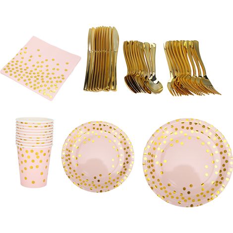 70 assiettes en carton jetables dorées élégantes, de qualité alimentaire, faciles à utiliser et rapides à utiliser. Fond rose. (1/5)