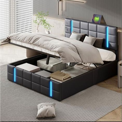 Cama Doble 160x200 con Almacenamiento Hidráulico, CAMA para Adultos con Cabecera LED RGB y Puertos USB en Tela de Lino Simil Cuero Negro Estilo Techno (1/5)