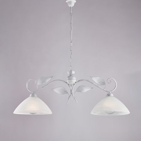 Lampadario in ferro laccato bianco con decorazione argento antico e diffusori in vetro diametro 30 alabastro bianchi 2 luci H.36 - MAX 96 - L. 96 X 30