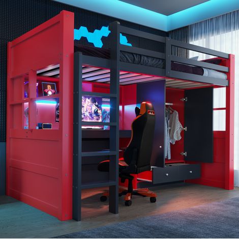 Lit mezzanine gaming 90x200 cm en bois noir et rouge, avec bureau, armoire, tiroirs, LED et prises (1/5)