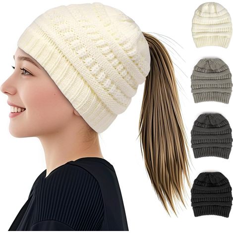 Wintermütze mit Pferdemotiv für Damen, Strickmütze für Zopf, Mütze für lockeren Dutt, warme Unisex-Mütze für Hochsteckfrisuren