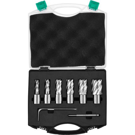 Mophorn Set di frese anulari, 6 punte per trapano magnetico con gambo Weldon, profondità di taglio 1", diametro da 1/2" a 1-1/16", acciaio rapido M2AL con perno pilota e custodia portatile per trapani (1/5)