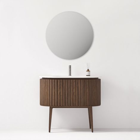 Mobile Bagno 100 cm A Terra Rovere Scuro Specchio Tondo - Reid (1/5)