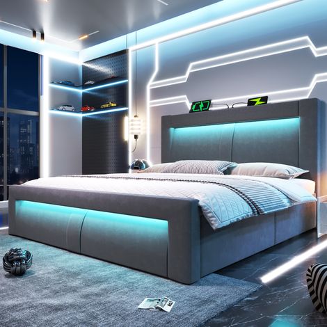 Cama 140x200 cm en terciopelo gris con almacenaje abatible, LED, USB y Type-C (1/5)