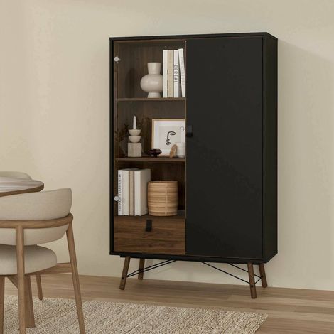 Dmora - Vitrina Zoe, Aparador de exposición, Vitrina multiusos, Aparador de salón, 102x40 h162 cm, Negro y Nogal (1/5)