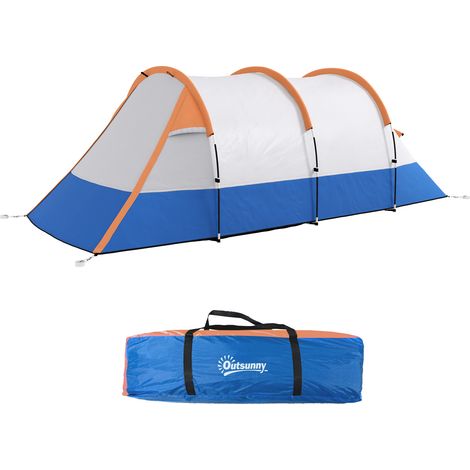 Tente de camping imperméable pour 2 personnes, 3 entrées, en polyester et fibre de verre, 420 x 200 x 150 cm, orange.
