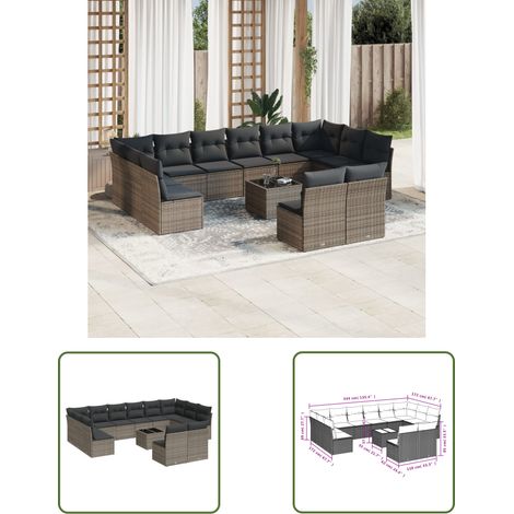The Living Store 13-tlg. Garten-Sofagarnitur mit Kissen Grau Poly Rattan - Gartenmöbel - Outdoor Möbel - Rattan Sofa - Lounge Set - Esstisch (1/3)