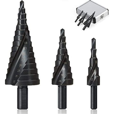 3-teiliges Stufenbohrer-Set 4-12/20/32 mm, Stufenbohrer, HSS-Edelstahl, Titan-Kegeldreieck, mit Sechskantschaft, zum Bohren mit Schraubendreher in Stahl, Messing, Holz, Kunststoff - (1/5)