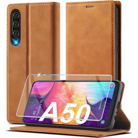 Coque portefeuille en cuir pour Samsung Galaxy A50/A30s avec support et fermeture magnétique marron (1/5)