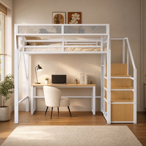 Letto soppalcato per bambini 140x200 cm con scala sicura, bianco, metallo, FloraGrace (1/5)