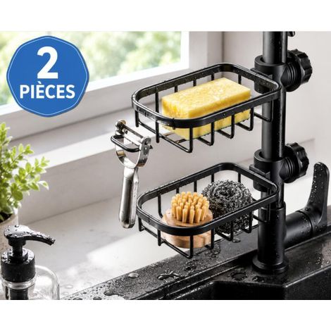 2PCS Rangement Évier Cuisine Noir, Porte-Éponge sur Robinet Métal Gain de Place Compatible avec Éponge et Brosse (1/5)