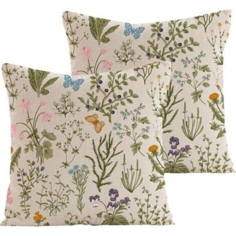 Housse de Coussin 45x45 CM Lot de 2 Housses Coussins Décoratifs Motif Plante à Fleurs Sauvages Vert Sauge pour Maison Salon Chambre Lit Extérieur Housse Oreiller