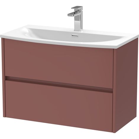 Chartley Contemporary Wall Hung 2 Drawer Vanity Basin Unit, Curved Basin, 800mm, Smoked Red (1/4)
