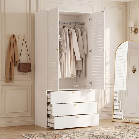 Armoire 2 portes à lamelles avec penderie et 3 tiroirs, 90 x 50 x 200 cm, blanche REDOM (1/5)