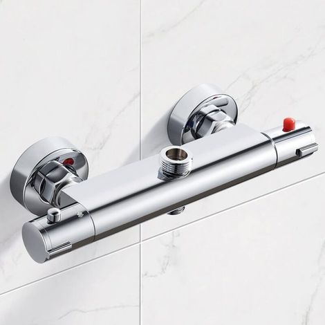 Mitigeur Douche Thermostatique 2 Sorties, Mitigeur Thermostatique pour Douche & Colonne Chromé, Robinet de Douche en laiton Anti-Brûlure, haut 3/4" BSP (26.4 mm) + bas 1/2" BSP (21 mm) (1/5)