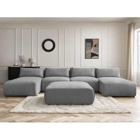 BOBOCHIC - Canapé panoramique fixe modulable avec têtières JANA tissu texturé avec 2 méridiennes, 2 chauffeuses et 1 grand pouf   Gris foncé
