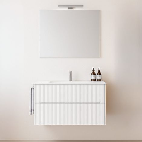 Mobile bagno sospeso 60 cm con lavabo appoggio e specchio con illuminazione Led - Legno polimero impermeabile con effetto rigato - Made in Italy - Col (1/5)