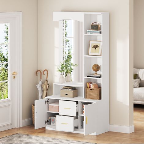 Flurgarderobe 90x40x180 cm Weiß MDF mit Spiegel, 2 Schubladen, 2 Schränken und Regalen (1/5)